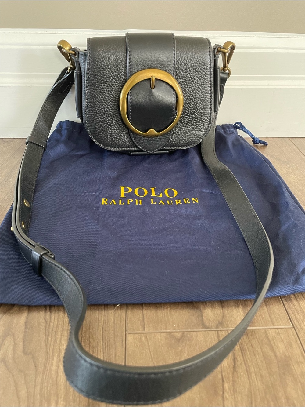 Ralph Lauren Black Pebbled Leather Crossbody with Gold Ring